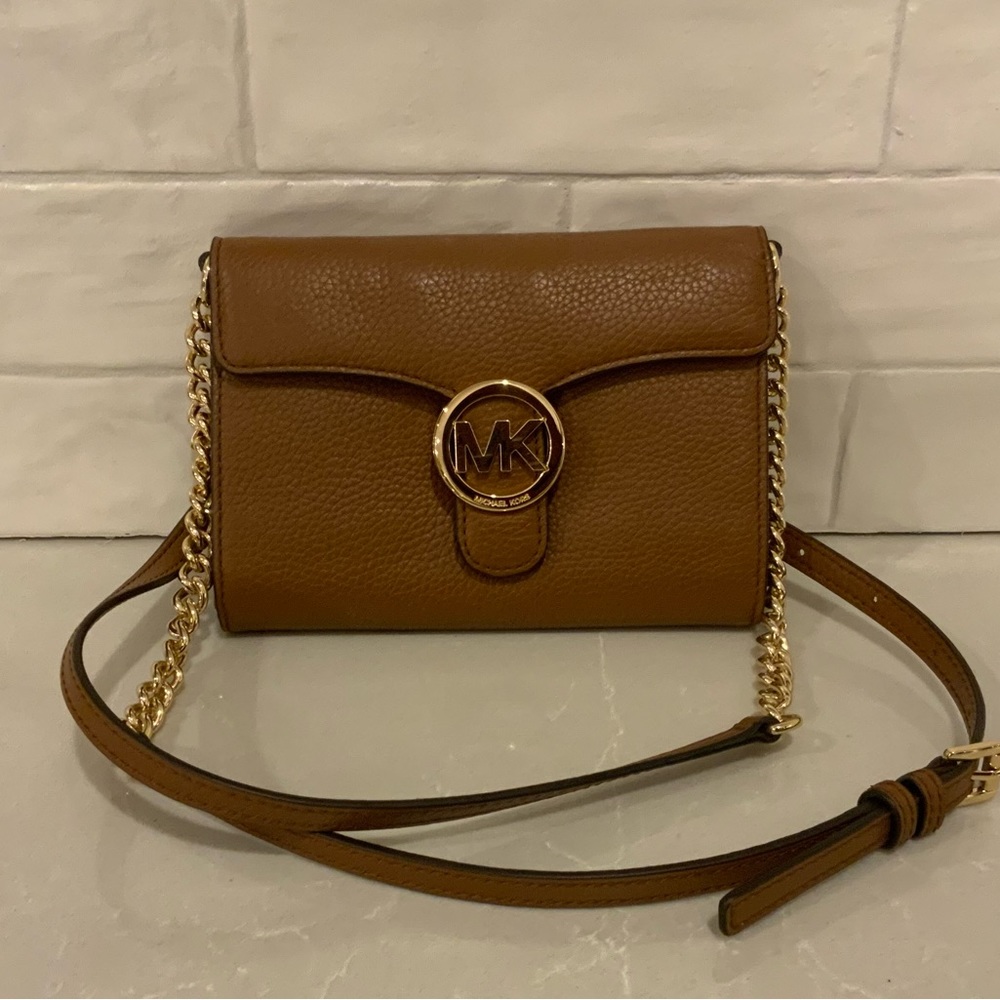 Michael Kors small crossbody clutch. Camel color leather. Like new